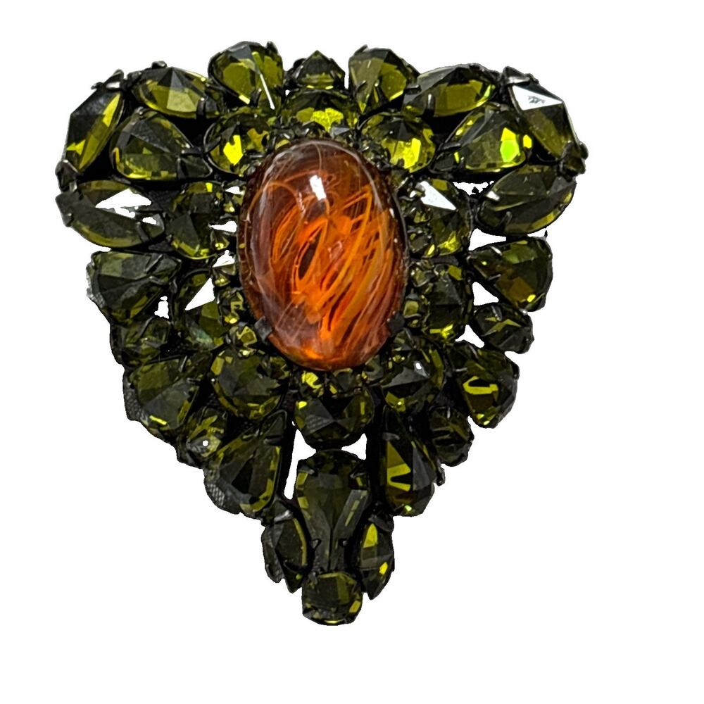 RARE SCHREINER NEW YORK Orange Cabochon Green Rhinestone Vintage Brooch 2.5”